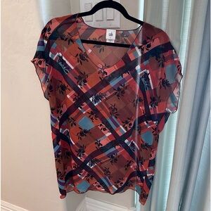 Cabi Blouse Women's Small Orange Lattice Floral Check Top Sheer Flowy